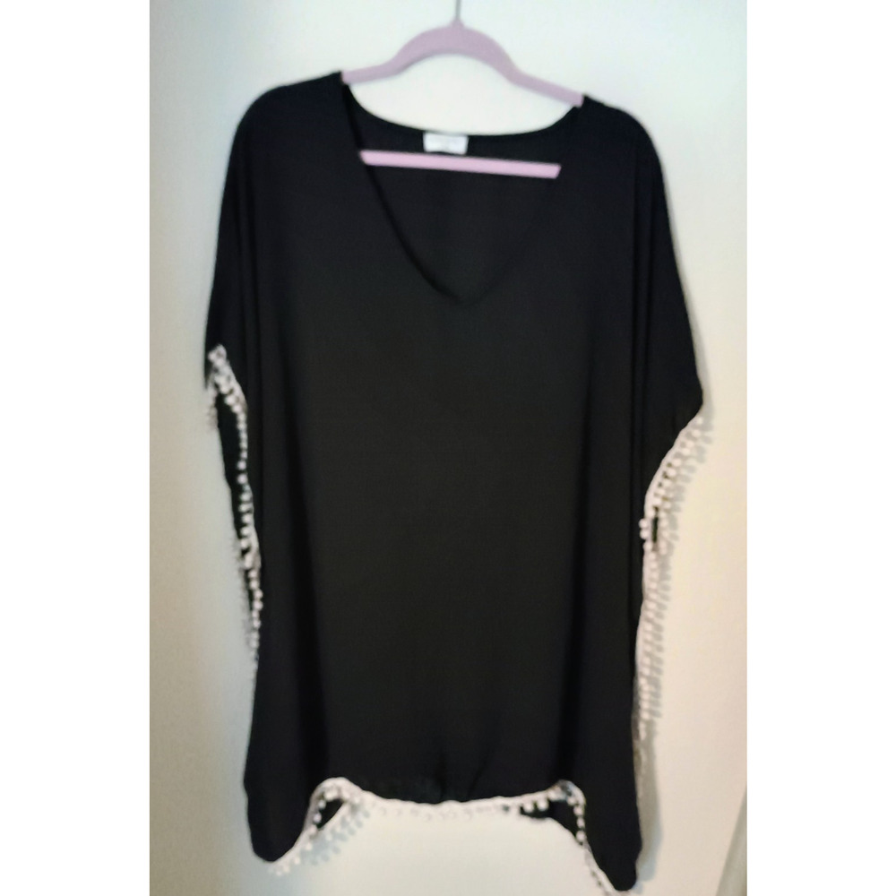 Adreamly Black Chiffon Swim Cover-Up Butterfly Style Pom-Pom Trim Sz L/XL